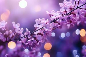 lila bloemen bloeiend temidden van een Purper backdrop met sprankelend bokeh lichten foto