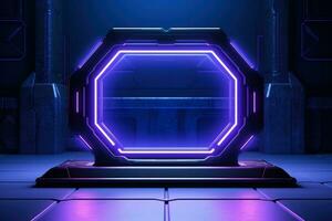 futuristische cyberpunk Scherm met 3d renderen en neon gloed staan foto
