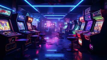 generatief ai, cyberpunk stijl spel bar of cafe. nacht tafereel van groot stad, futuristische nostalgisch jaren 80, jaren 90. neon lichten levendig kleuren, fotorealistisch horizontaal foto