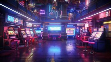 generatief ai, cyberpunk stijl spel bar of cafe. nacht tafereel van groot stad, futuristische nostalgisch jaren 80, jaren 90. neon lichten levendig kleuren, fotorealistisch horizontaal foto