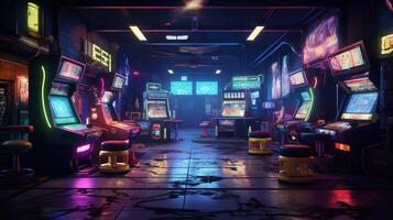 generatief ai, cyberpunk stijl spel bar of cafe. nacht tafereel van groot stad, futuristische nostalgisch jaren 80, jaren 90. neon lichten levendig kleuren, fotorealistisch horizontaal foto