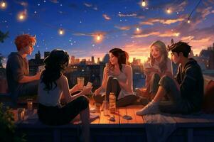 stralend vrienden op het dak nacht feest. genereren ai foto