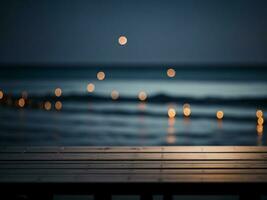 houten tafel en vervagen tropisch strand achtergrond, Product Scherm montage. hoog kwaliteit foto 8k fhd ai gegenereerd