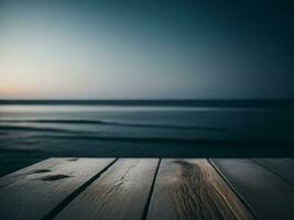 houten tafel en vervagen tropisch strand achtergrond, Product Scherm montage. hoog kwaliteit foto 8k fhd ai gegenereerd