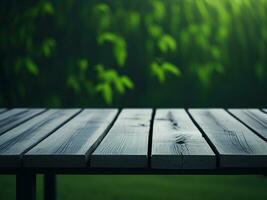 houten tafel en vervagen tropisch strand achtergrond, Product Scherm montage. hoog kwaliteit foto 8k fhd ai gegenereerd