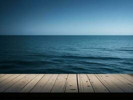 houten tafel en vervagen tropisch strand achtergrond, Product Scherm montage. hoog kwaliteit foto 8k fhd ai gegenereerd