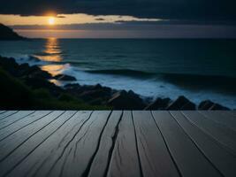 houten tafel en vervagen tropisch strand achtergrond, Product Scherm montage. hoog kwaliteit foto 8k fhd ai gegenereerd