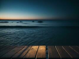 houten tafel en vervagen tropisch strand achtergrond, Product Scherm montage. hoog kwaliteit foto 8k fhd ai gegenereerd