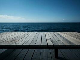 houten tafel en vervagen tropisch strand achtergrond, Product Scherm montage. hoog kwaliteit foto 8k fhd ai gegenereerd