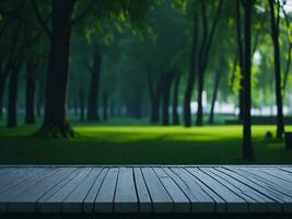 houten tafel en vervagen tropisch groen gras achtergrond, Product Scherm montage. hoog kwaliteit foto 8k fhd ai gegenereerd