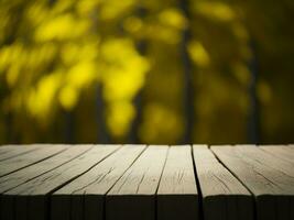 houten tafel en vervagen tropisch geel kleur achtergrond, Product Scherm montage. hoog kwaliteit foto 8k fhd ai gegenereerd