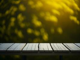 houten tafel en vervagen tropisch geel kleur achtergrond, Product Scherm montage. hoog kwaliteit foto 8k fhd ai gegenereerd