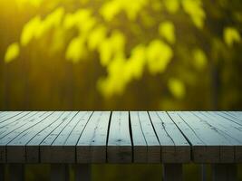 houten tafel en vervagen tropisch geel kleur achtergrond, Product Scherm montage. hoog kwaliteit foto 8k fhd ai gegenereerd