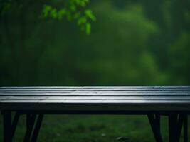 houten tafel en vervagen tropisch groen gras achtergrond, Product Scherm montage. hoog kwaliteit foto 8k fhd ai gegenereerd