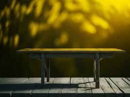 houten tafel en vervagen tropisch groen gras achtergrond, Product Scherm montage. hoog kwaliteit foto 8k fhd ai gegenereerd