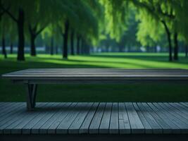 houten tafel en vervagen tropisch groen gras achtergrond, Product Scherm montage. hoog kwaliteit foto 8k fhd ai gegenereerd