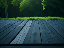 houten tafel en vervagen tropisch groen gras achtergrond, Product Scherm montage. hoog kwaliteit foto 8k fhd ai gegenereerd