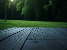 houten tafel en vervagen tropisch groen gras achtergrond, Product Scherm montage. hoog kwaliteit foto 8k fhd ai gegenereerd