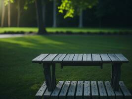 houten tafel en vervagen tropisch groen gras achtergrond, Product Scherm montage. hoog kwaliteit foto 8k fhd ai gegenereerd