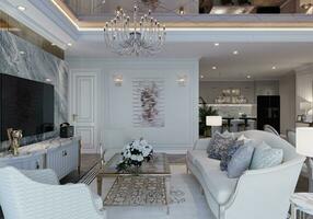 slim leven kamer met luxueus meubels en verbijsterend bank, kroonluchter licht, spiegel plafond 3d renderen foto