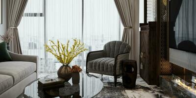 luxe leven kamer interieur ontwerp met muur en huis decor elementen 3d renderen foto