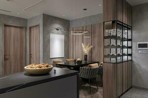 3d visie van dineren, keuken, en klein bar decor, huis interieur ontwerp, 3d geven illustratie 3d renderen foto