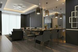 functioneel schoonheid dining klaarkomen leven ruimte met modern meubels, wit plafond met Florida LED licht, hanger kroonluchter hangende Aan de plafond over- de dining tafel, 3d renderen foto