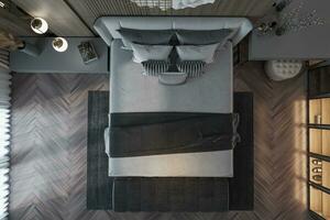 een top visie van een modern levensstijl slaapkamer met grijs bed, kussens, plaid, huis decor 3d renderen foto