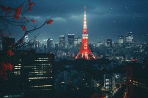 tokyo toren en tokyo stadsgezicht Bij nacht met sneeuwvlokken, stad visie met tokyo toren, Tokio, Japan, ai gegenereerd foto