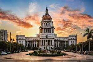 Capitol gebouw in Havana Bij zonsondergang, Cuba. het is de hoofdstad van Cuba, capitolio gebouw in Havana Cuba, ai gegenereerd foto