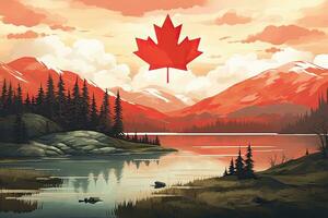Canadees natuur landschap met een meer en een esdoorn- blad. vector illustratie, Canada vlag en mooi Canadees landschappen, ai gegenereerd foto