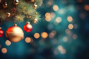 Kerstmis en nieuw jaar vakantie achtergrond met bokeh onscherp lichten, Kerstmis boom met kerstballen en wazig glimmend lichten, ai gegenereerd foto