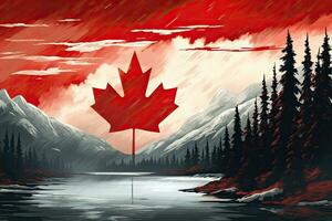 Canadees esdoorn- blad Aan een meer in de bergen. vector illustratie, Canada vlag en mooi Canadees landschappen, ai gegenereerd foto