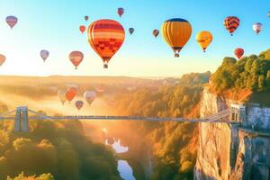 kleurrijk heet lucht ballonnen vlieg over- de Ravijn. de concept van reizen en toerisme, Clifton suspensie brug met heet lucht ballonnen in de Bristol ballon feest in augustus, ai gegenereerd foto