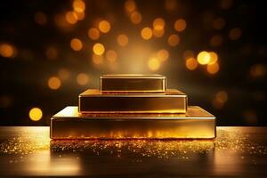 gouden podium. podium voor presenteren een Product in de het formulier van goud bars. wazig achtergrond foto