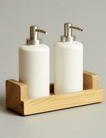 ai generatief modern schoonheidsmiddelen fles mockup zeep room dispenser foto