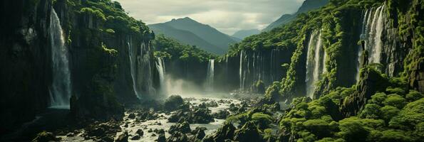 generatief ai, mooi groen amazon Woud landschap, regenwoud oerwoud met watervallen foto
