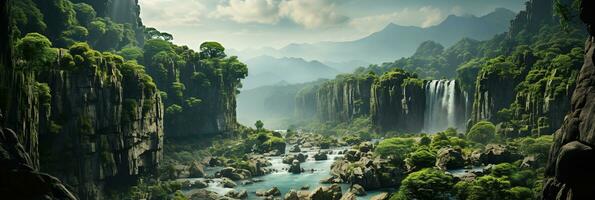 generatief ai, mooi groen amazon Woud landschap, regenwoud oerwoud met watervallen foto