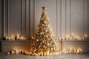 feestelijk Kerstmis achtergrond. nieuw jaar interieur met versierd nieuw jaar boom en brandend kaarsen in de stijl van verlichte interieurs. wit Kerstmis boom versierd met zilver ai gegenereerd foto