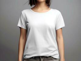 vrouw t-shirt model, te groot wit t-shirt generatief ai foto