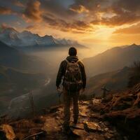een wandelaar staand Aan een berg piek, met een adembenemend zonsondergang lucht net zo de backdrop generatief ai foto