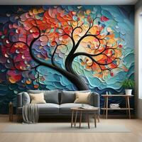 kleurrijk boom met veelkleurig bladeren illustratie achtergrond. 3d abstractie behang voor interieur muurschildering muur kunst decor generatief ai foto