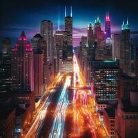 een stad horizon Bij nacht, presentatie van de betoverend gloed van kleurrijk neon lichten generatief ai foto