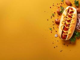 vers heet hond met worst en sauzen, mayonaise, ketchup en mosterd mockup met tekst ruimte generatief ai foto