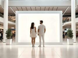 een paar Mens en een vrouw staand vooraan van een groot wit mockup blanco scherm Bij een boodschappen doen winkelcentrum of centrum, genereren ai foto