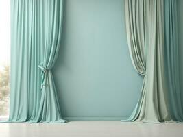 pastel turkoois blauw groen leeg muur in kamer met zijde gordijn gordijnen. bespotten omhoog sjabloon voor Product presentatie. leven, galerij, studio, kantoor concept. 3d weergave, genereren ai foto