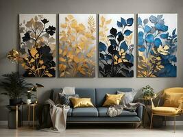 silhouetten van mooi planten Aan canvas.goud, zwart, blauw en grijs, Purper kleuren. interieur schilderen. mooi achtergrond foto