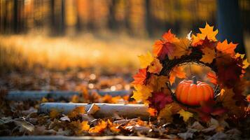 pompoen met herfst blad krans ai generatief foto