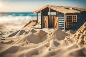 een miniatuur strand hut zit in de zand. ai-gegenereerd foto