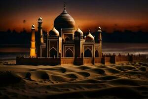 een zand kasteel in de woestijn Bij zonsondergang. ai-gegenereerd foto